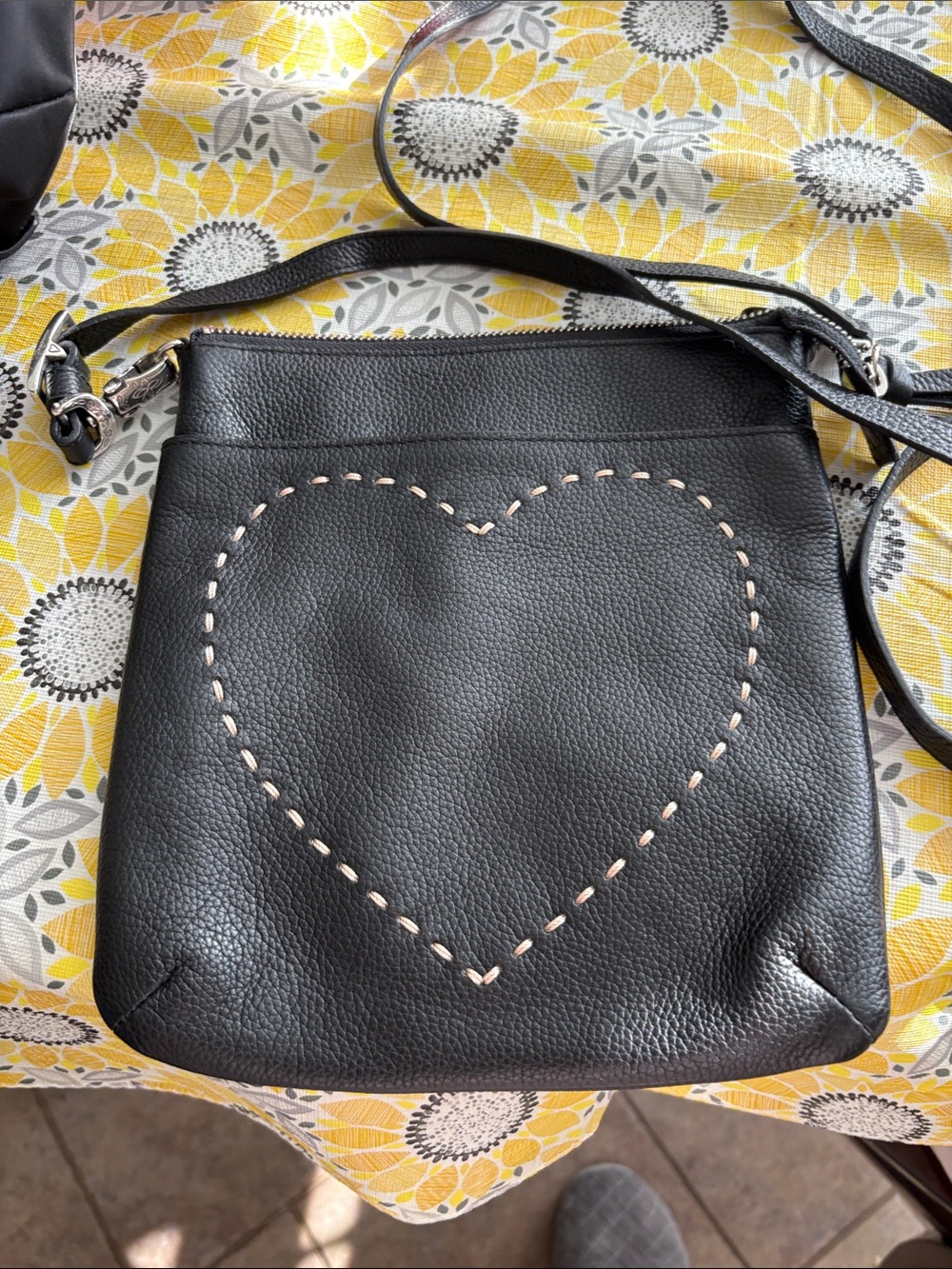 Black Brighton Crossbody Bag with Heart Stitch Detail